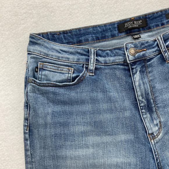 Judy Blue Jeans Womens 13/31 Blue Wide Leg Crop Raw Hem Stretch Denim Preppy - Picture 3 of 13